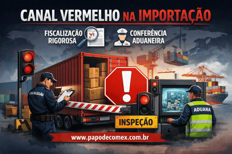 Canal vermelho na importação, fiscalização rigorosa e conferência aduaneira. Imagem mostra fiscal e agente da Aduana em operação de inspeção de carga em contêiner no porto.